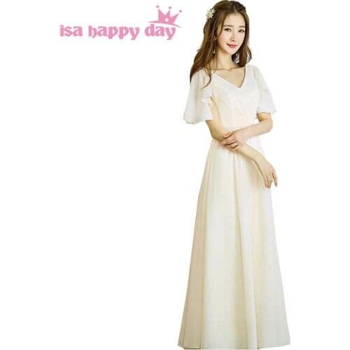 2020 cheap womens bridesmaids long champagne gowns a-line dress v neck for bridesmaid cap sleeves bridesmade dresses gown H4172