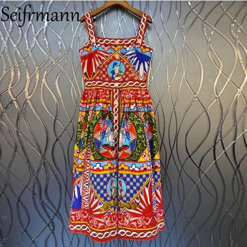 Seifrmann New 2021 Summer Women Fashion Runway Cotton Midi Dress Sexy Spaghetti Strap Single Breasted Vintage Print A-Line Dress