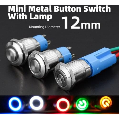 12mm Waterproof Metal Push Button Switch LED Light Momentary Latching Car Engine PC Power Switch 3V 5V 12V 24V 220V with Plug