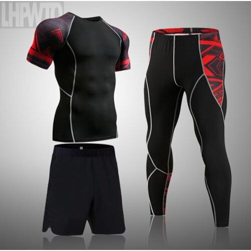 3pcs/set Men Compression MMA set Short T-shirt Tight Sportswear Clothes Mens Pants Fitness Bodybuild ing Skull Rashguard Sport