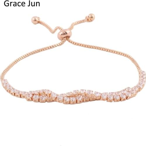 Grace Jun New Bridal AAA CZ Bracelet for Women Party Elegant Copper Material Gold Color Adjustable Chain Tennis Bracelet