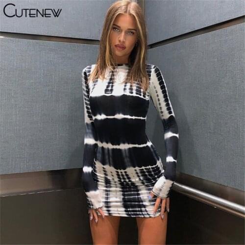 Cutenew Fashion Print Long Sleeve O-Neck Bodycon Mini Dress For Women Harajuku Body-Shaping Lady Midnight Party Style Streetwear