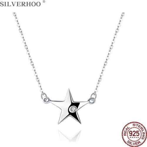SILVERHOO 925 Sterling Silver Trendy Star Pendant Necklaces Women Clear Rhinestone Necklace Fine Jewelry Valentines Day Gift