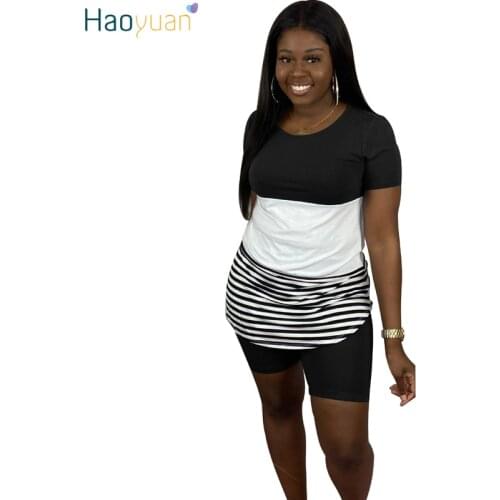 HAOYUAN Plus Size Striped Two Piece Set Tracksuit Women Summer Outfits Top Biker Shorts Sweat Suits Lounge Wear Matching Sets