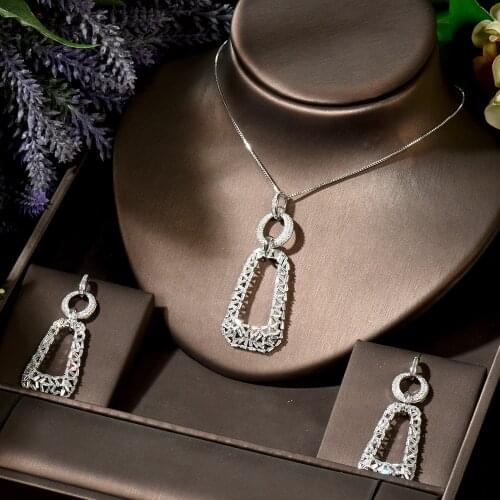 HIBRIDE Charm Geometric Design 2pcs Necklace Earring Set Baguette CZ Jewelry Set for Women Bridal Wedding bisuteria mujer N-1876