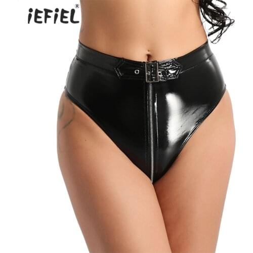 Hot Women Wet Look PVC Leather Latex Panties Sissy Underwear High Cut Panties Zippered Open Crotch Raves Dance Briefs Hot Shorts