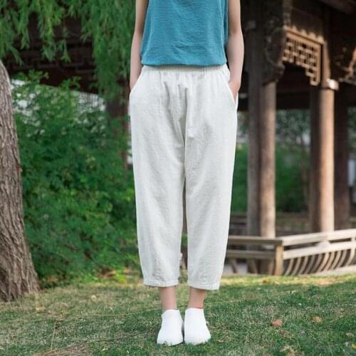Johnature Loose Comfortable Solid Color Pockets Elastic Waist All-match Calf-length Pants 2021 Autumn New Women Straight Pants