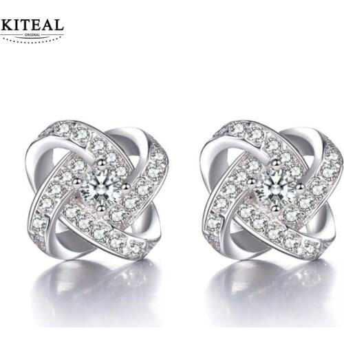 KITEAL 2018 New Fashion Plated Silver Zircon Round Circle Stud Earrings in Crystal for Women Girl Engagement Jewelry