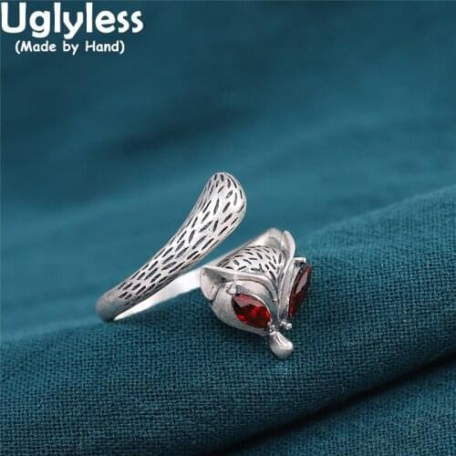 Uglyless Thai Silver Handmade Foxes Rings for Women Garnet Animals Jewelry Bring U LOVE Goddess Fox Rings Real 925 Silver Bijoux