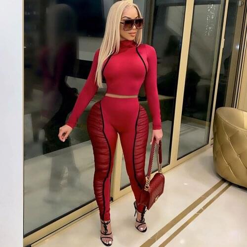 Sheer Mesh Patchwork Two Piece Outfits for Women Active Wear Turtleneck Crop Tops and Pants Sporty Tracksuit Sexy 2 Piece Sets