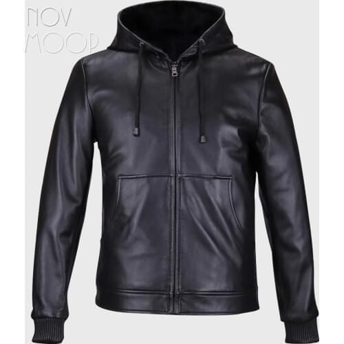 Black genuine leather jackets coats men heavyweight lambskin hooded motorcycle jacket veste cuir homme 2 patch pockets LT559