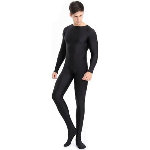 Mens Full Body Spandex Zentai Suit Black Long Sleeve Unitard Adult Zipper Back Black Footed Cosplay Bodysuit Costumes