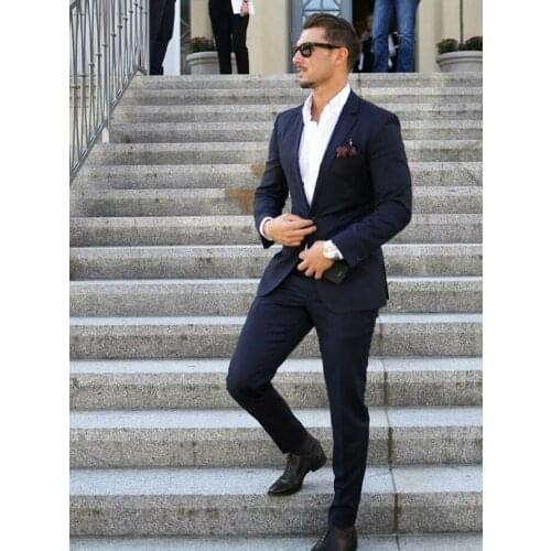 ANNIEBRITNEY Dark Blue 2 Piece Slim Men Formal Suit Tailor Made Groom Wedding Tuxedo 2 Piece Prom Wedding Business Men Suit Set