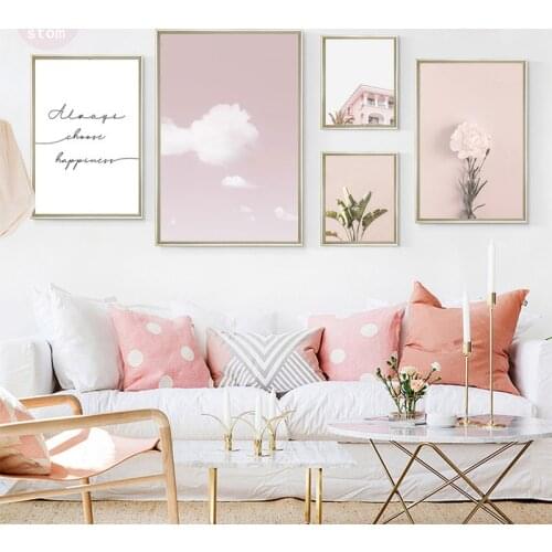 Pink House Wall Art Flower Canvas Prints Wall Poster Canvas Paintings Decorative Pink Sky Clouds Cuadros Decoracion Dormitorio
