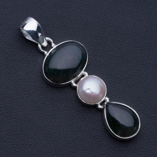 Natural Moss Agate and River Pearl Punk Style 925 Sterling Silver Pendant 2" P0653