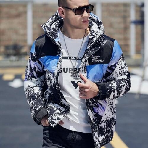 New Warm lining Hooded Winter Puffer Jacket Men Cotton Padded Quilted Snow Mountain Printed Jacket Thick Outerwear Overcoat 3XL