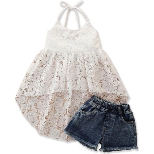 New 2pcs Sleeveless Belt Lace Neck Strap Tie Up Backless Dress Tops Short Jeans Outfit 1-6Y