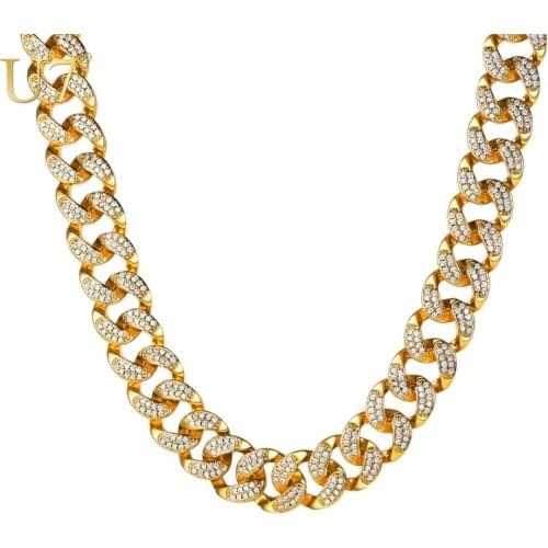 U7 14mm Bling Rhinestone CZ Necklaces Cuban Link Chain Mens Hip Hop Gold Color Necklace Women Luxury Jewelry P1217
