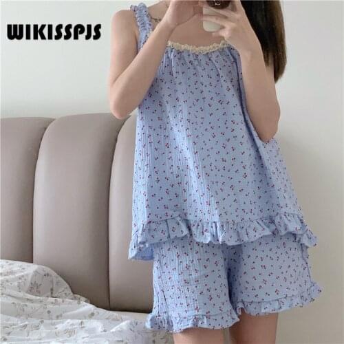 WIKISSPJS Korean Cotton Yarn Cherry Printing Lovely Suspender Pajamas Summer Leisure Girls' Home Clothes Set Sleepwear Pjs