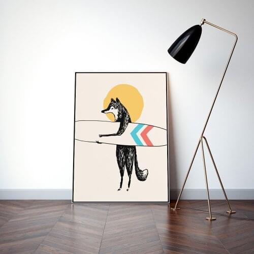 Print Nursery Poster Painting Decorative Painting Nordic Childrens Bedroom Decoration Cute Fox Holding Skateboard Animal Wall A