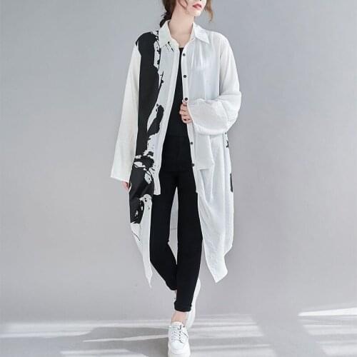 Casual Long Coat Women Loose Print Jacket Irregular Trend Long Sleeve Blouse Sun Protection Stylish Womens Shirt Outerwear