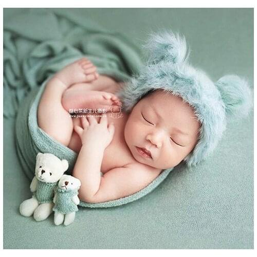 Baby Photography Props Newborn Record Growth Photography Costumes Rabbit fur Hat And Bear Doll For Baby Take Photos