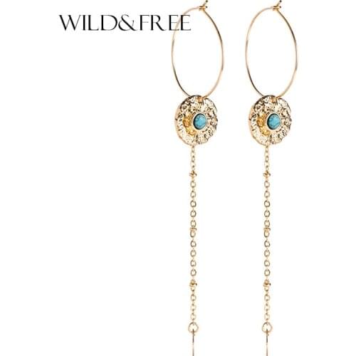 Wild & Free Boho Jewelry Women Hoop Earrings Simple Stone Gold Round Pendant Long Tassel Leaves Hoop Earring Wedding Gift