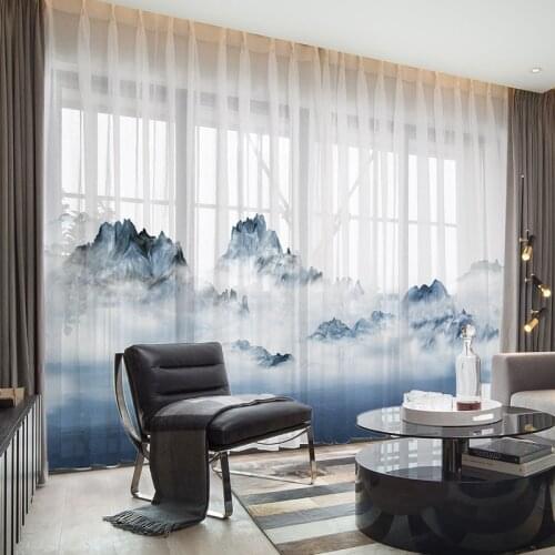 New Chinese Classical Ink Landscape Painting Printed Tulle Curtain high-grade Chiffon Fabric For Living Room Bedroom AG443#4