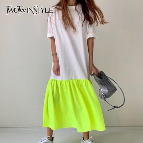 TWOTWINSTYLE Short Sleeve Summer Dress For Women Fashion Korean Patchwork Hit Color Maxi Dresses Casual Dress Girls 2020 New