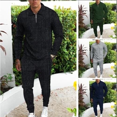 Spring/fall 2021 mens lapel solid color suit sportswear suit T/C fabric mens zipper Polo long sleeve shirt pants 2-piece suit