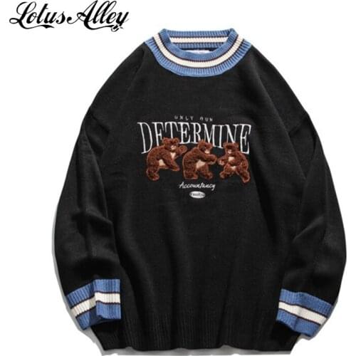 Oversized Knitted Sweater Harajuku Patchwork Striped Jumpers Fashion Embroidery Bear Casual Cozy Sweaters 2021 Couple Clothes