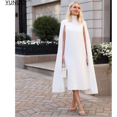 YUNUO Simple White robes de cocktail Evening Dresses High Neck With Long Cape Sleeves Tea Length Party Gowns Bridesmaid Dress