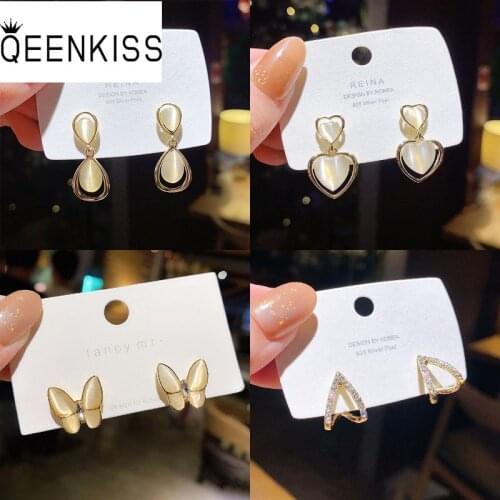 QEENKISS EG702Fine Jewelry Wholesale Fashion Woman Girl Birthday Wedding Gift Heart Butterfly AAA Zircon 18KT Gold Stud Earrings