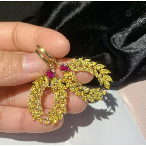 Yellow cz round leaf drop earring for women