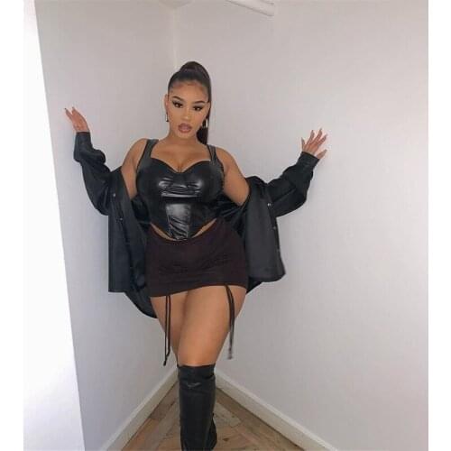 Faux PU Leather Sexy Tank Push Up Brown Corset Crop Tops Women Club Party Sleeveless Female Backless Camis Tees 2021