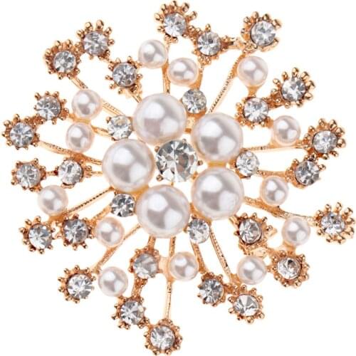 Women Crystal Flower Brooch Lapel Pin Collar Tips Simulated Pearl Brooch Pin