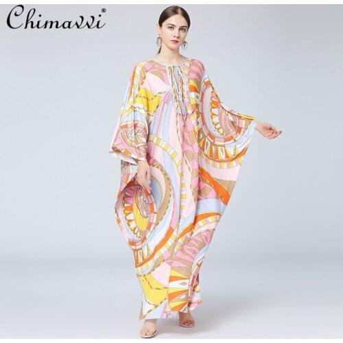 Plus Size Maxi Dress Women Round Neck Pullover Loose Batwing Sleeve Full Sleeve Irregular Fashion Temperament Floor-length Dress
