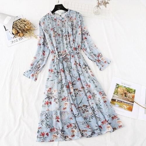Vintage Long Sleeve Women Dress 2020 Spring Summer Floral Print Chiffon Pleated Dress Ruffled Long Dresses Big Size Vestidos
