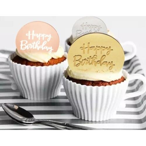 1pc New 5cm Gold Circle Happy Birthday Cupcake Topper Acrylic Round Engraved Cake Topper for Birthday Party Cake Decorations