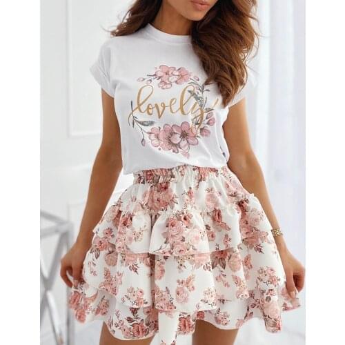 2021 Summer Dresses Women Floral Letter Print T-shirt & Layered Ruffles Skirt Two Piece Set Casual Mini Dress Suit
