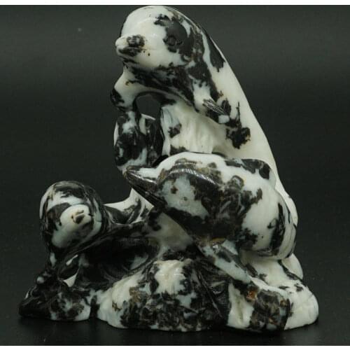 3.66" Natural Black White Zebra Dolphins Figurine Crystal Healing Home Dector