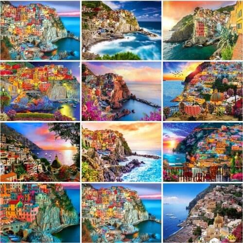 AZQSD Diy Coloring Picture By Numbers Seaside House Acrylic Paint Handicraft Painting By Numbers Landscape Home Decoration