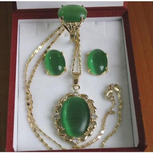 Free Shipping elegant fine Inlay green jades Necklace Earring Ring set