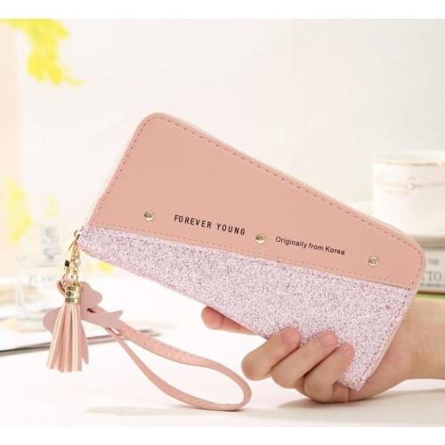 Glitter Shine Womens Tassels Long Wallet High Capacity Zipper PU Leather Women Wallets Purse Coins ID Card Holder