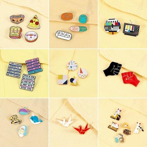 2-5Pcs/Set Party Time Enamel Pin Cute Cat Dolphin Paper Crane Brooches Jeans Bag Badges Mental Lapel Pins Jewelry Gift Friends