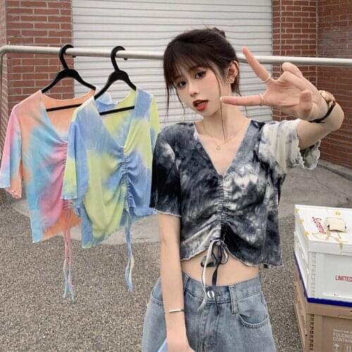 Pomo Western T-shirt Summer Umbilical Cord Top Fashion Small Drawstring Short Sleeve T-shirt 2021