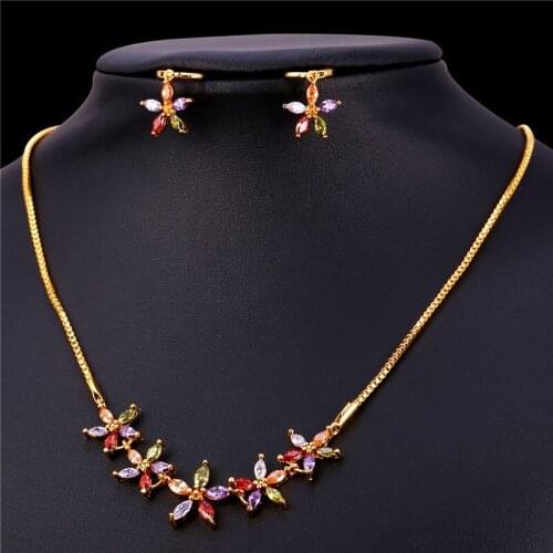 Zirconia Crystal Flower Jewelry Earrings And Necklace Set Gold Color Bridesmaid/Wedding Crystal Jewelry Set Women NE252