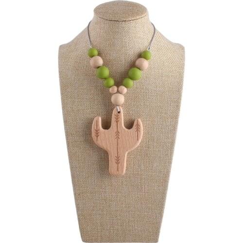 Wooden Beech Teether Cactus Necklace Pendant Pacifier Clip Chain BPA Free Green Silicone Beads Chew Wooden Teether Newborn Toys