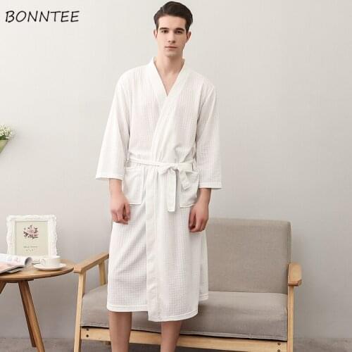 Men Solid Robes Soft Quick-dry Simple Home-wear Plus Size Japanese Style Males Casual Three-quarter Sleeve Pockets Lounge Trendy