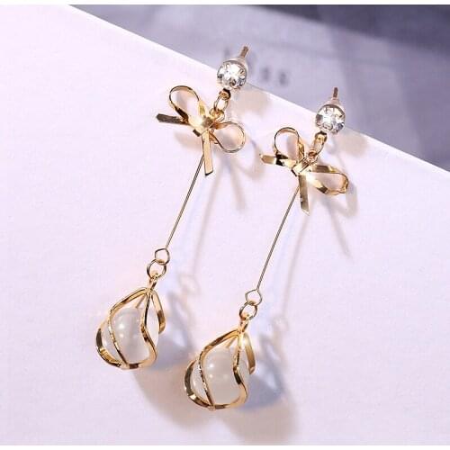 Korea New Fashion Women Cats Eye Stone Pendant Earrings Cute Bowknot Simple Temperament Female Long Wedding Jewelry